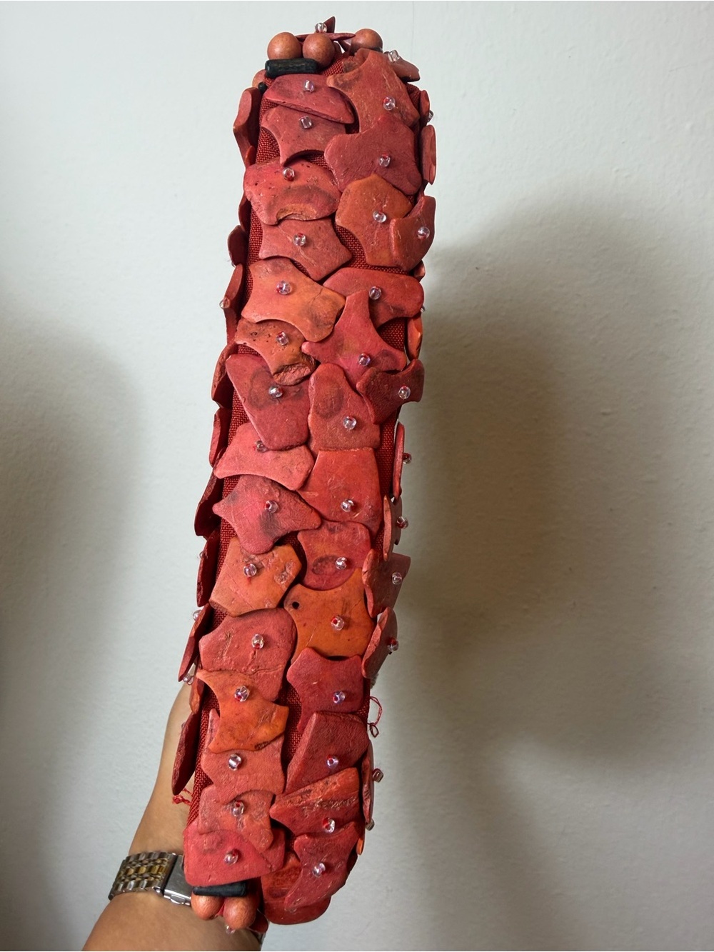 Vintage Artisan Coral Shell Wood Beaded Handbag Resort Statement Bag - Picture 4 of 9